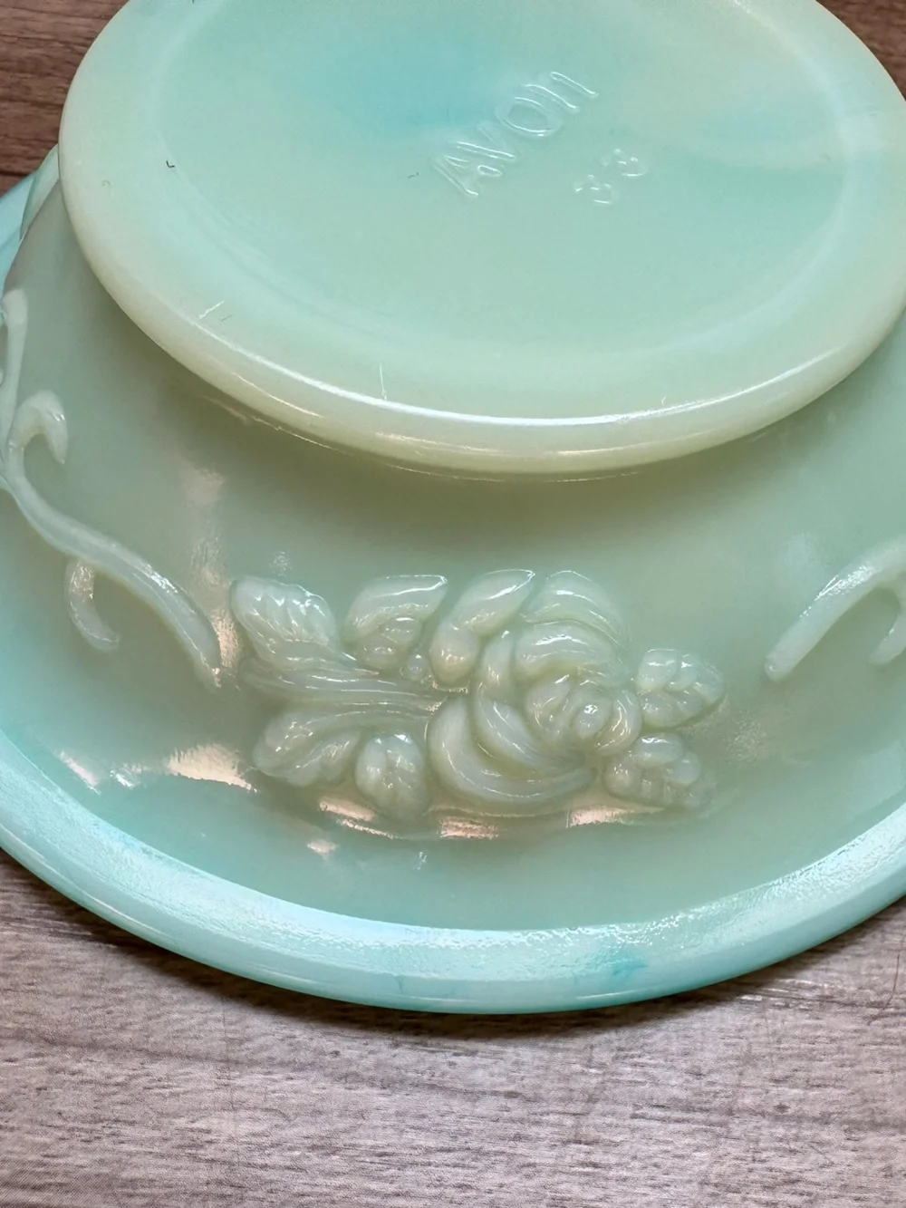 vintage 1970s Avon soap dish & bowl slag glass teal white jadeite-like finish